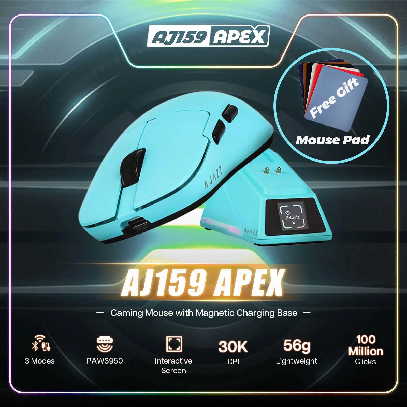 New Arrival AJAZZ AJ159 APEX Wireless Mouse PAW3950 Sensor 2.4G/BT/USB-C Optical Gaming Mouse 56g Lightweight With 8K Magnetic Charging Base T250225