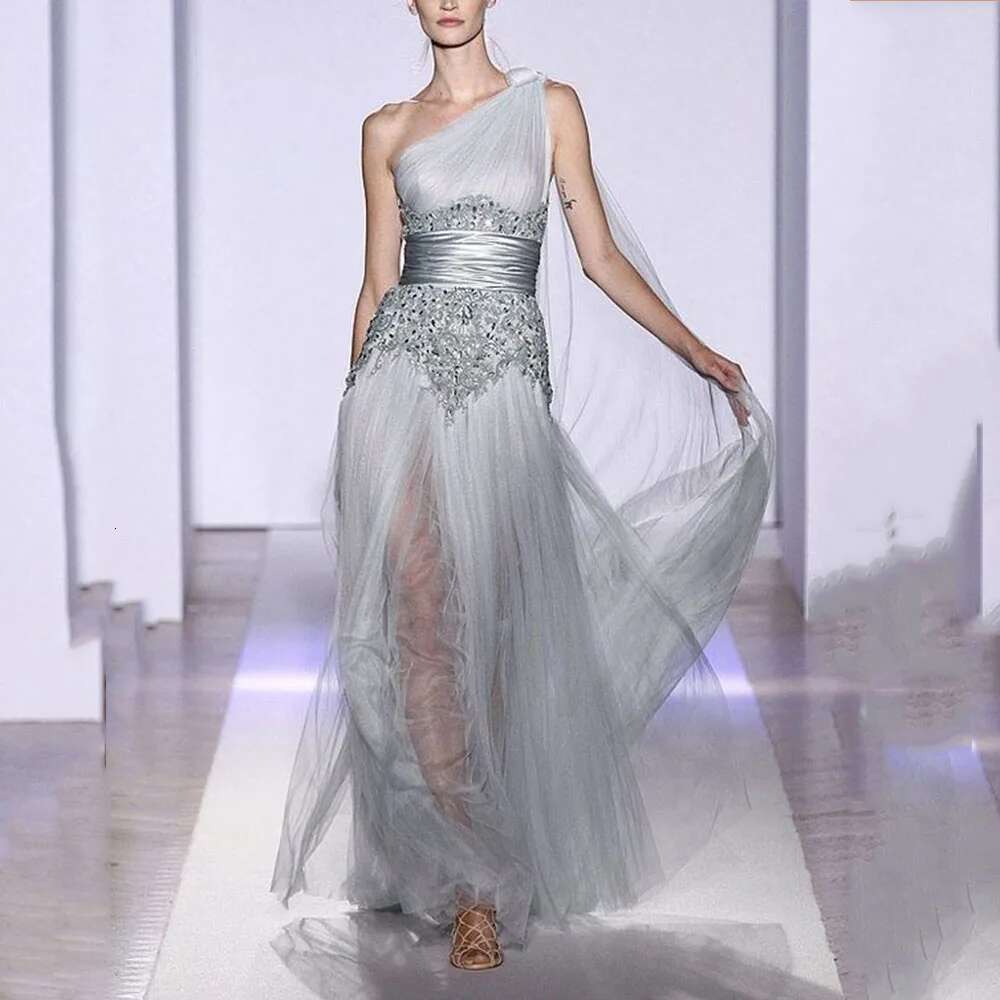 the gray prom sleeveless floor one shoulder lace fairy high quality female party night banquet dresses