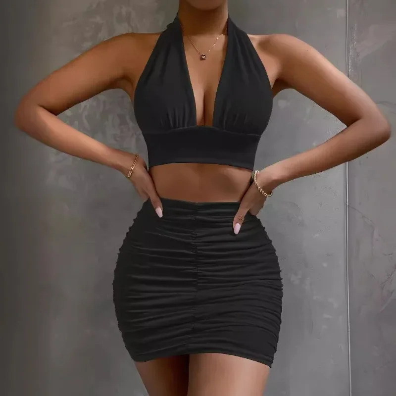 Womens Neck Tie and Hip Bag Skirt Set Fashionable Sexy Short Style with Exposed Navel Pleated Vneck Suspender 250222