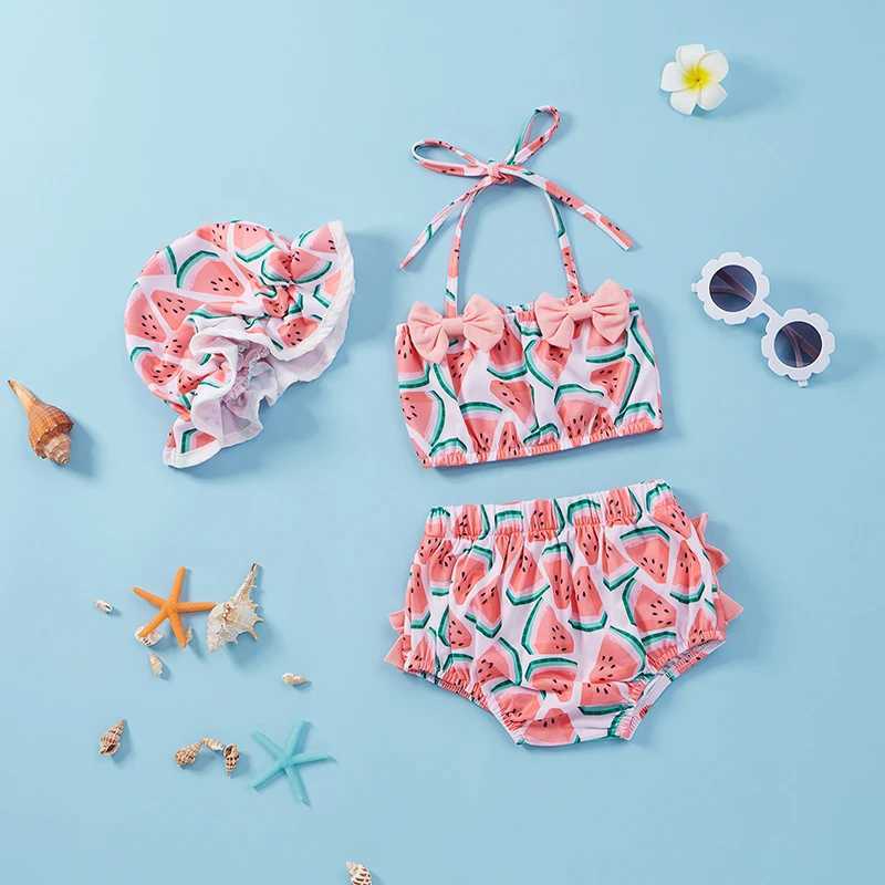 2021-04-05 Quick view Wish list 0-24M Baby Girls 3Pcs Split Swimsuit Set Watermelon Print Sleeveless Bikini Bow-knot+Shorts+Stretchy Hat X250224