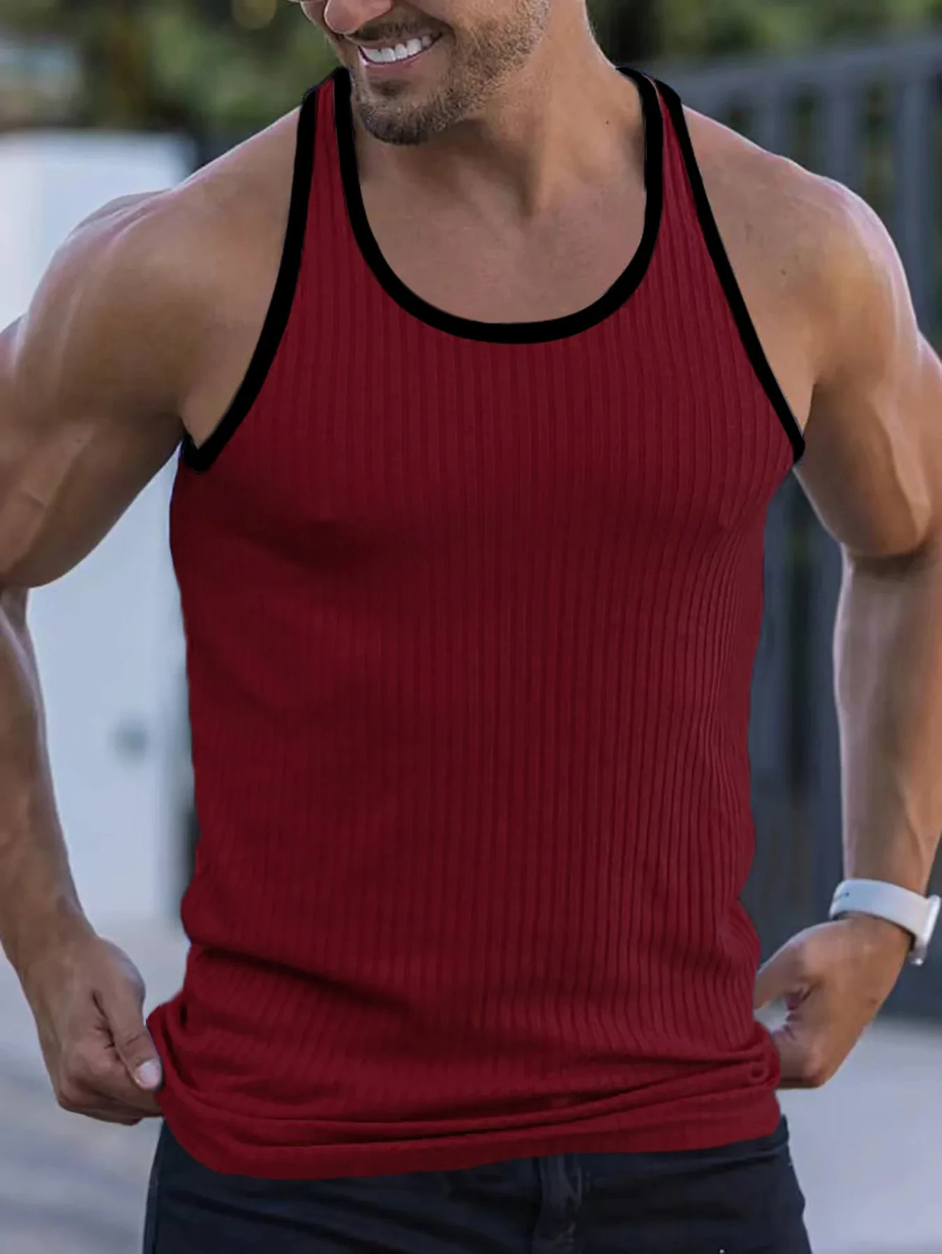 Mens Quick-drying Elastic Fitness Wear Gym Running Slim Vertical Stripes Sleeveless Fashion Summer 250224