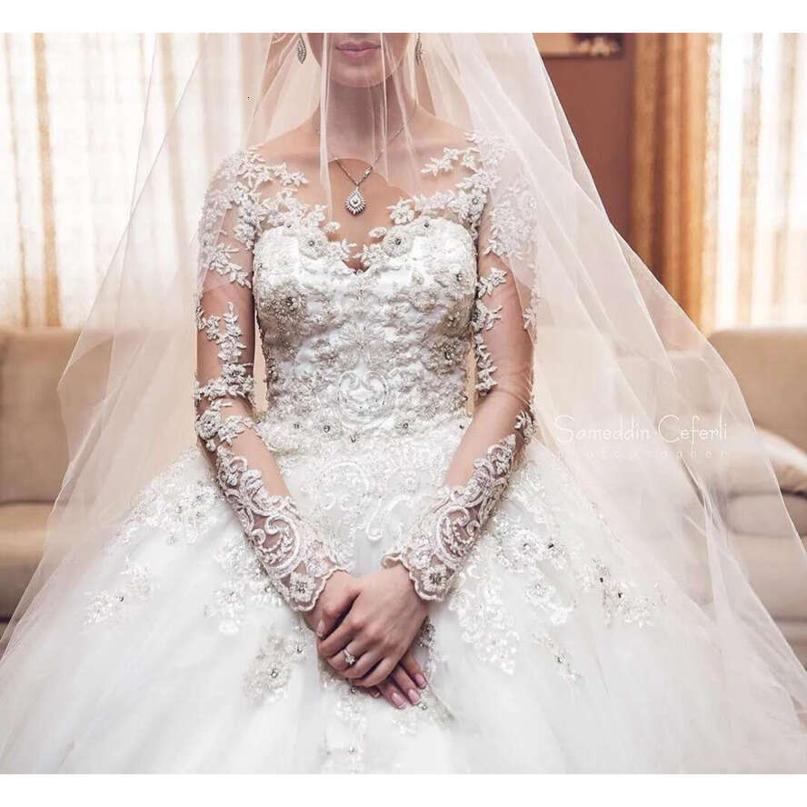 New Modern Sexy Arabic Long Sleeves A E Wedding Dresses Illusion Lace Appliques Crystal Beaded Tulle Plus Size Formal Bridal Gowns