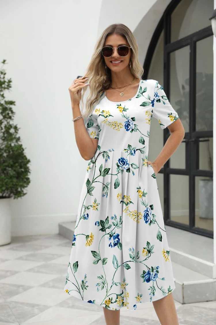 2024 European and American Summer New Womens Ele Printed Round Neck Short Sve Zipper DressXJ250224