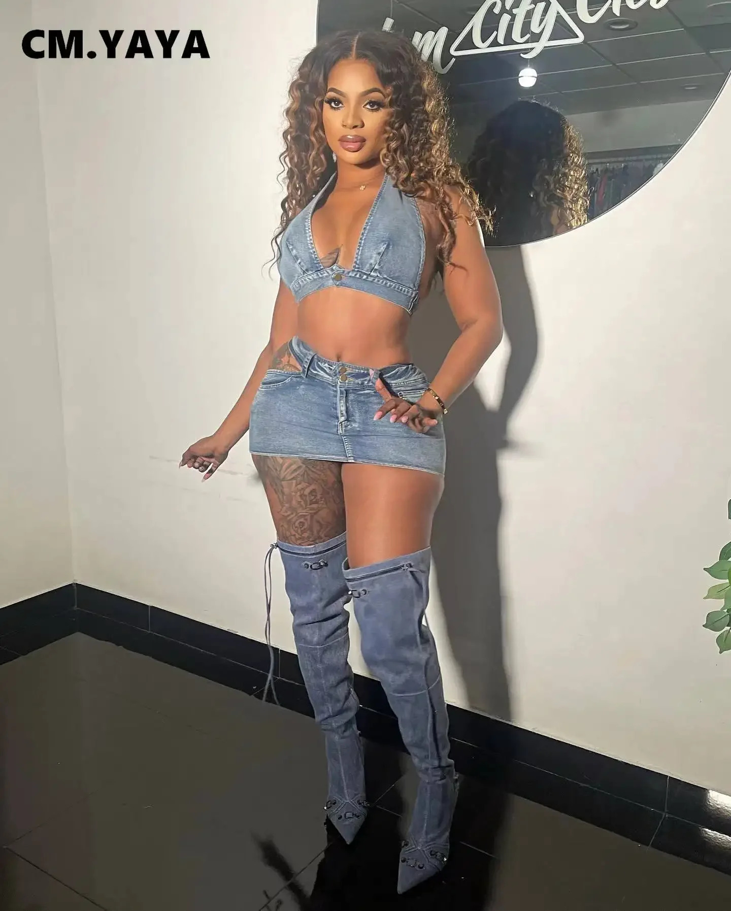 CM.YAYA Summer Denim Women Set Sleeveless Halter Vest Tops and Jeans Skirts Street Backless Two 2 Piece Sets Outfit Tracksuit 250224