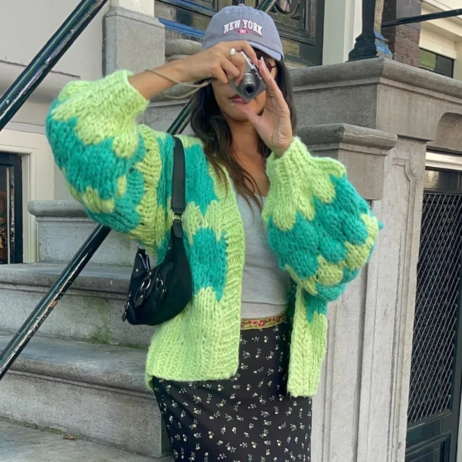 Imcute Women Oversized Cardigan Sweaters Color Block Long Sleeve Chunky Knit Sweaters Coat Y2K Open Front Colorful Cardigans 250225