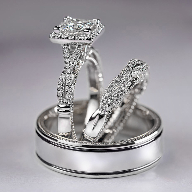 2025 Top Sell 3PCS Wedding Rings Vintage Jewelry 925 Sterling Silver Rose Gold Fill Princess Cut White 5A Cubic Zircon CZ Diamond Party Women Bride Co