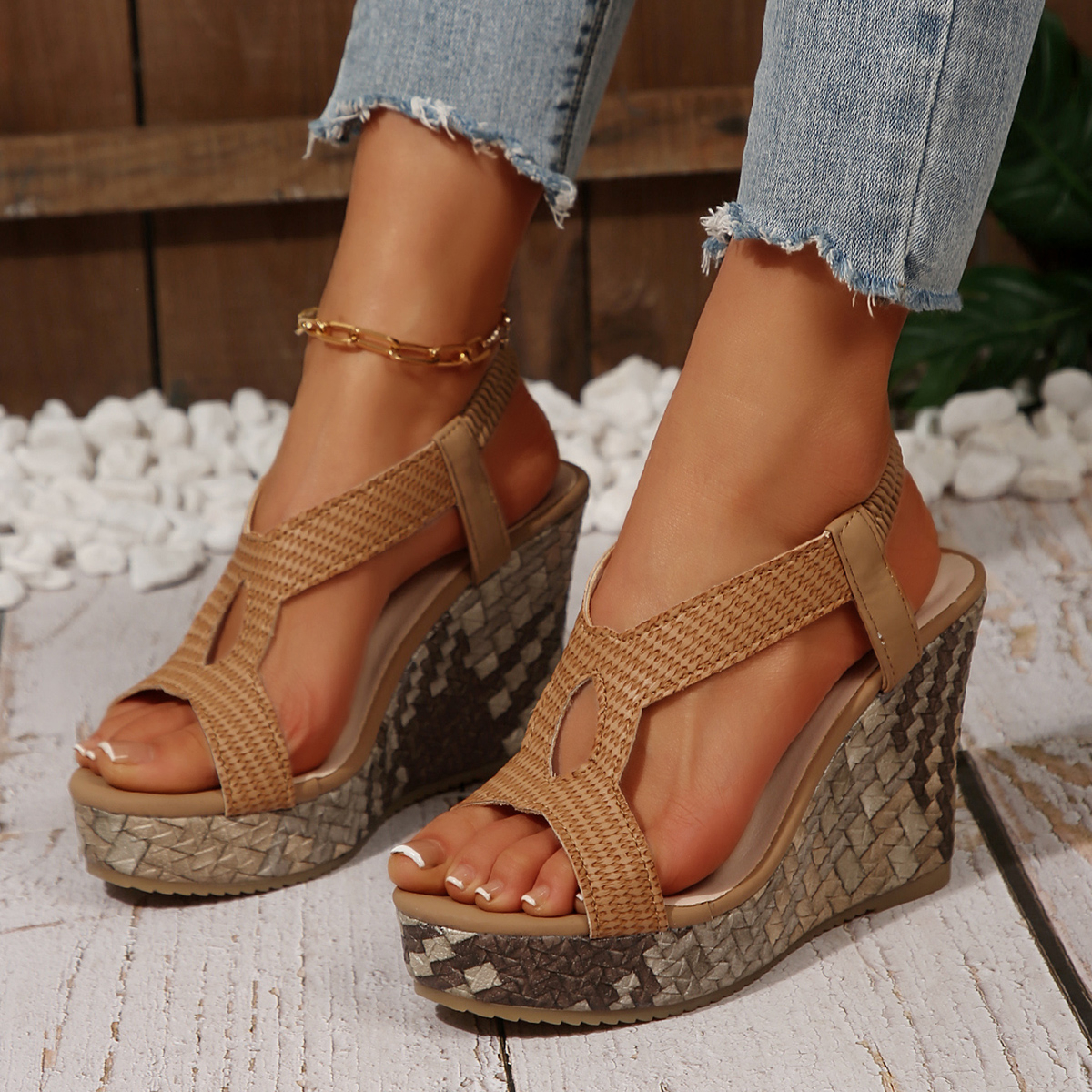 Roman Style Sandals Women's Summer Shoes 10cm Super High-heeled Open-toe Sandales Female Fashion Grass weaving Platform Shoes Large size 35-43