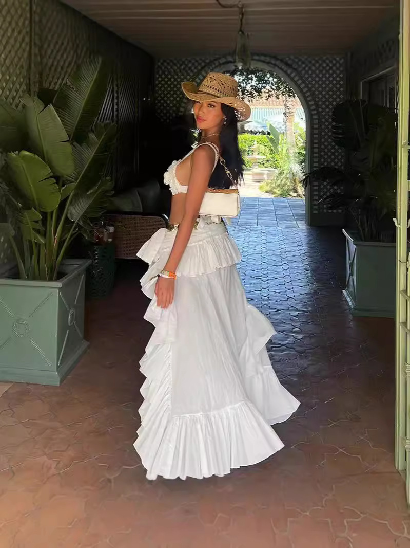 Skirts Women White Boho Skirt 90s Asymmetrical Waist Flowy Irregular Ruffle Hem Mini Skirts Female Vintage Streetwear Costume No Belt