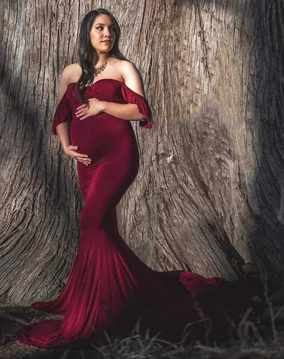 Shoulderless Maternity Dresses For Photo Shoot Sexy Ruffles Sleeve Pregnancy Dress New Maxi Gown Pregnant Women Photography Prop X250224