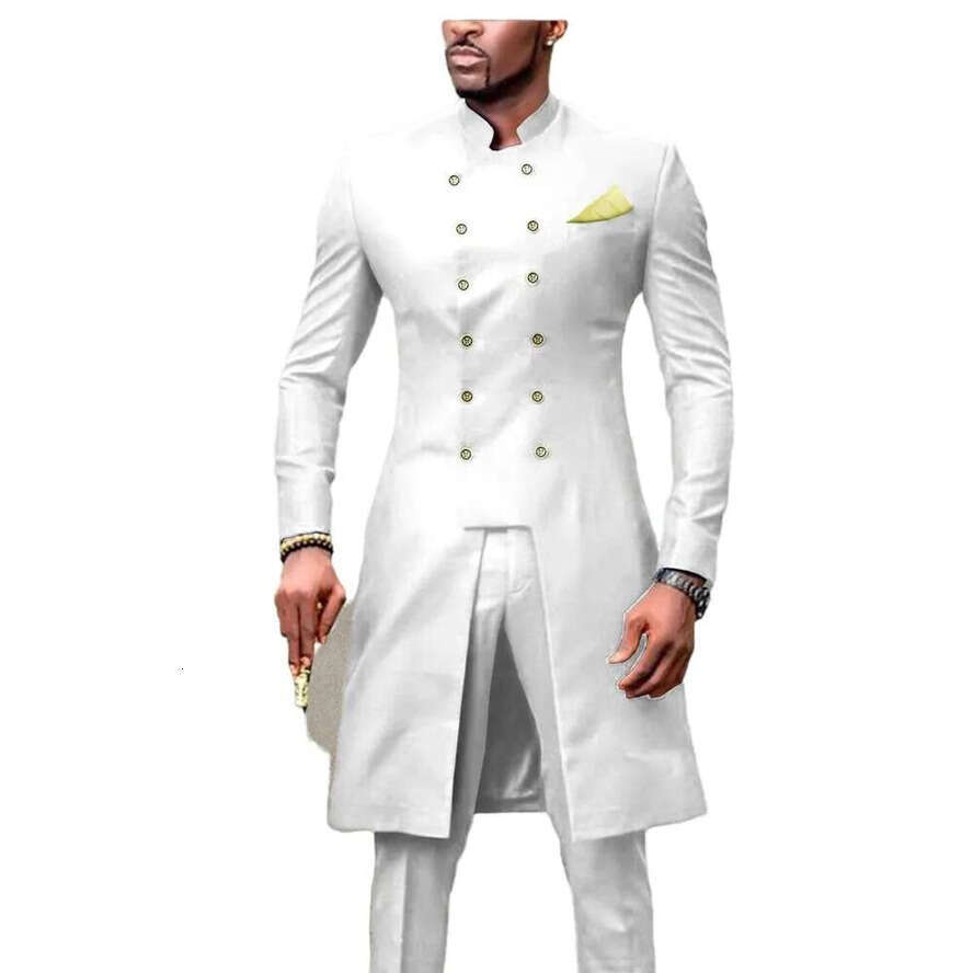 African Slim Fit Mens Suits Stand Collar 2 Pieces Wedding Tuxedos Long Jacket And Pants Middle East Arabic White Royal Blue Groom Formal Wear Prom Par