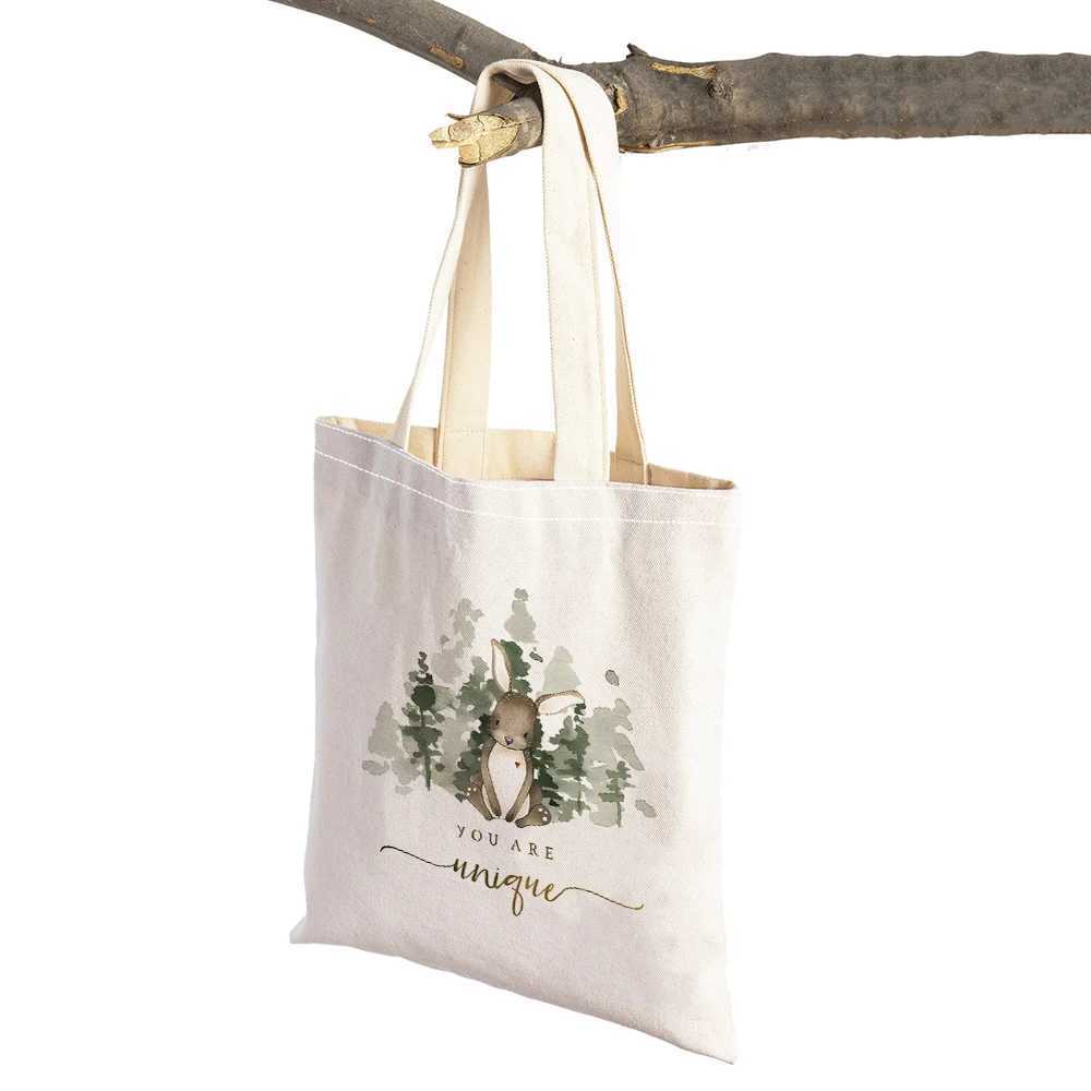 Bear Fox Rabbit Owl Shopping Bag Childrens Gift Cartoon Animal Double Print Reusable Canvas Girl Shopping Bag Womens Handbag Z250224
