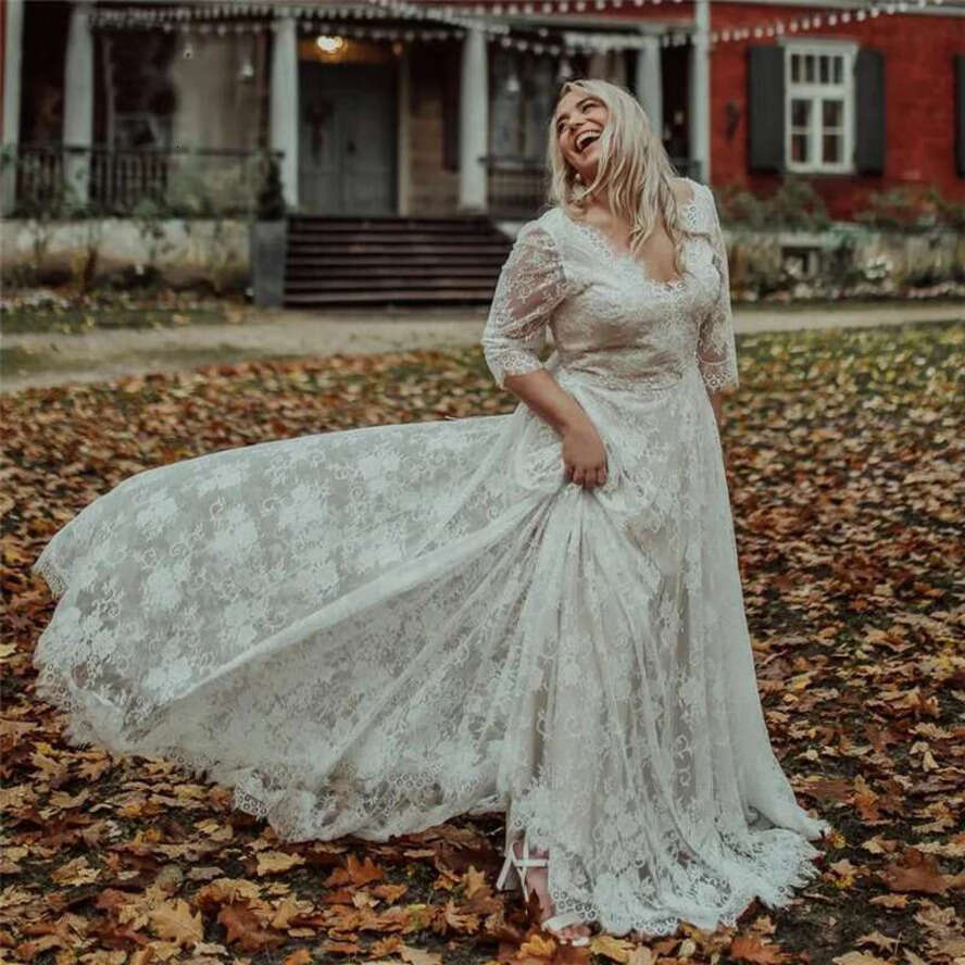 Lace Wedding Dresses Boho Bridal Gowns Plus Size V-Neck Backless 3/4 Long Sleeve Bohemian Bride Dress Simple Vestidos De Novia