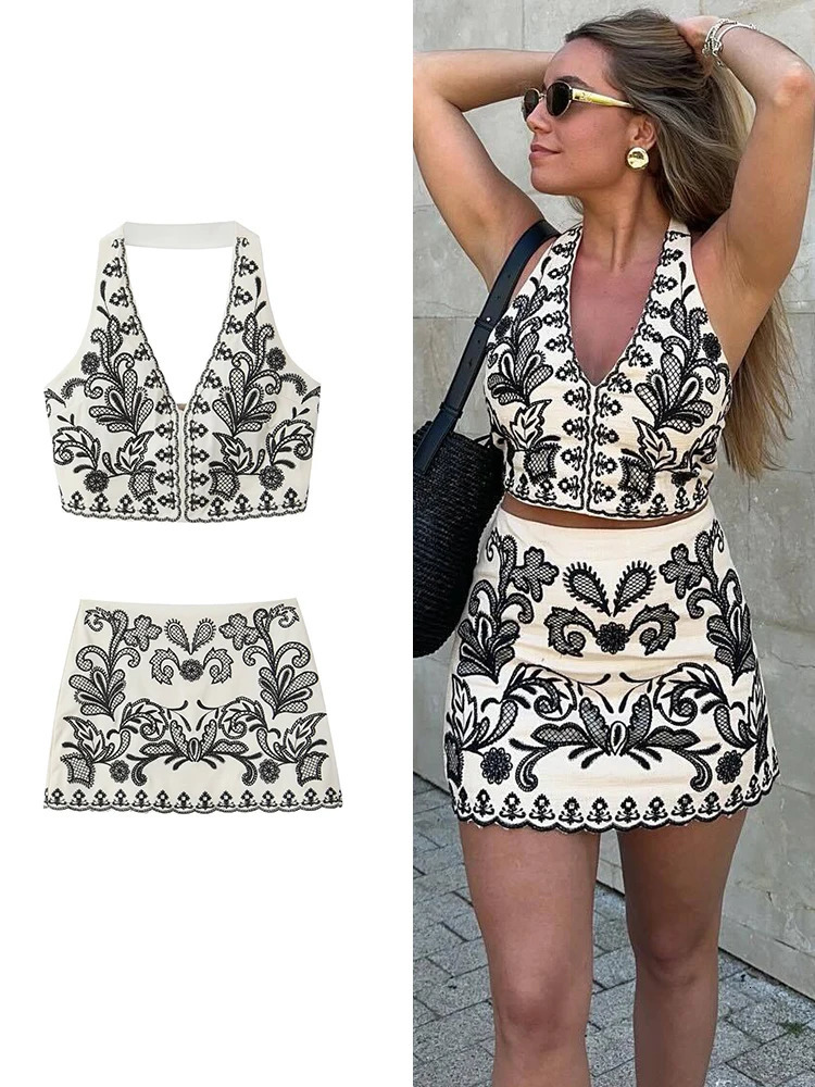 TRAF Women Fashion Embroidered 2PCS Skirts Set 2024 Chic Halter Shirt Neck Backless Top Summer Sexy Shorts Sets 250222