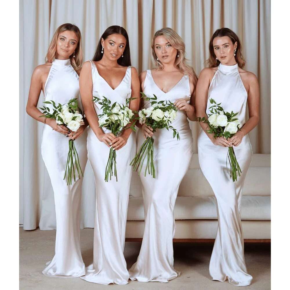 Solid White Elegant Wedding Party Dress with V Neckline Halter Sleeveless Mermaid Fashion Up To The Floor Bridesmaid Dresses