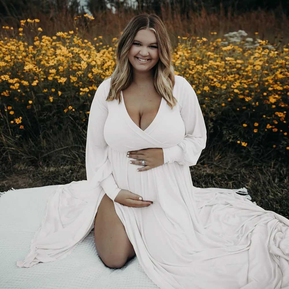 Maternity Dresses V Neck Side Slits Lantern Sleeve Elegant Maxi Gown Pregnancy Clothes Photography For Baby Shower Evening Party X250224