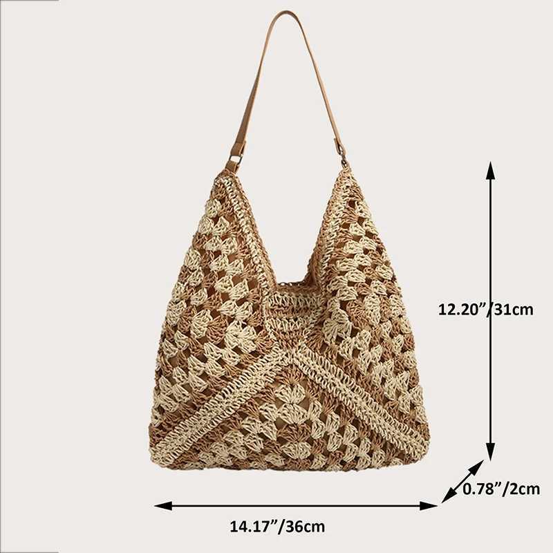 Ladies Knitted Handbags Summer Beach Straw Bag for Women Hollow Out Female Vacation Shoulder Bags Hand Woven Seaside Tote Bag