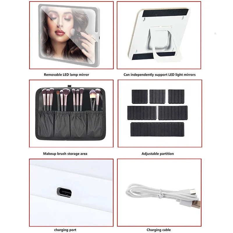 LED Lighted Cosmetic Case With Mirror PU Leather Portable Travel Makeup Storage Bags Waterproof Travel Makeup Bag 250224
