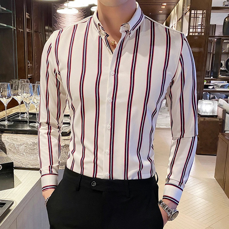 Mens Shirts Korean Clothing Long Sleeve Striped Social For Men Business Casual Formal Blouse Homme 5XLM 250222