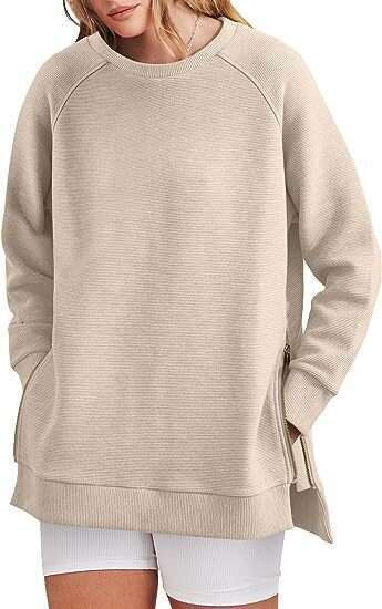 European And American Women's Round Neck Pullover, Side Zipper Casual Loose Long Sleeved Sweatshirt