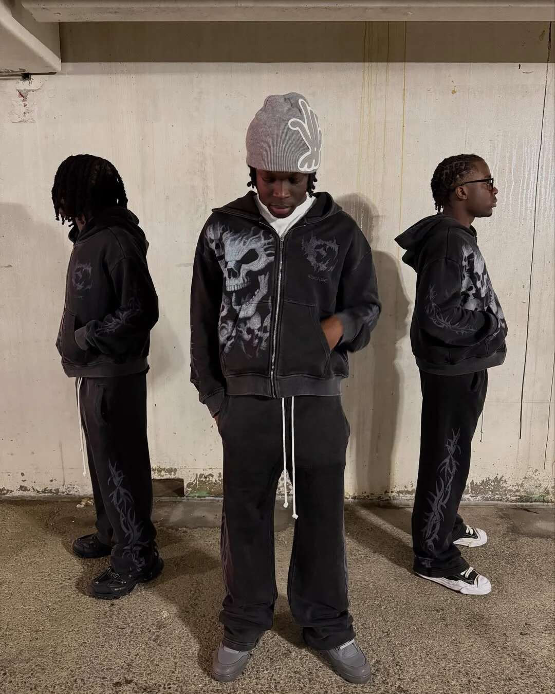 American personality rock and roll dark style skull niche print old washed sweatshirt men's street retro hooded cardigan jacket