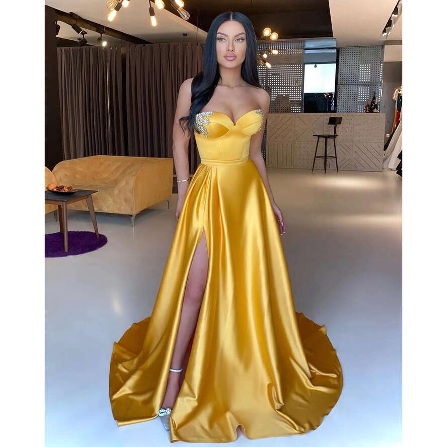 Gold Sexy A E Prom Dresses Beads Sweetheart Evening Gowns Ruched Slit Formal Long Special Ocn Party Dress