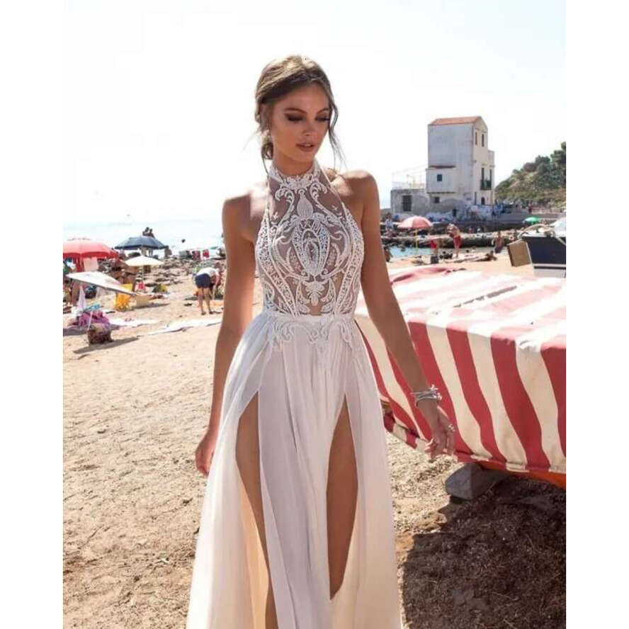 Vestido De Festa High-End Split Dresses Heavy Beading Halter Open Back Wedding Dress Chiffon Boho Chic Rustic Bridal Gowns