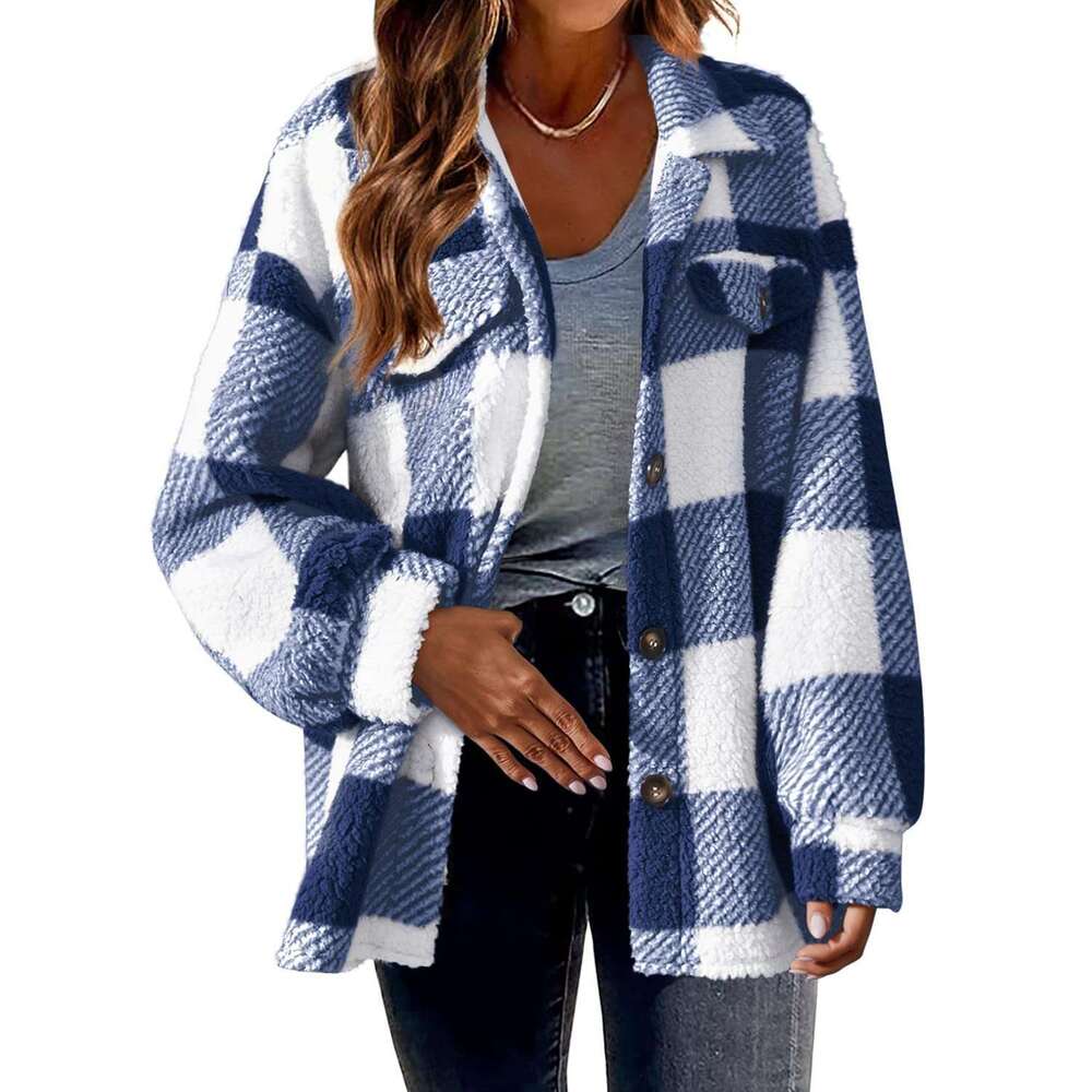 New Autumn Winter Women's Clothing With Pocket Plaid Lambskin And Button Down Plush Jacket