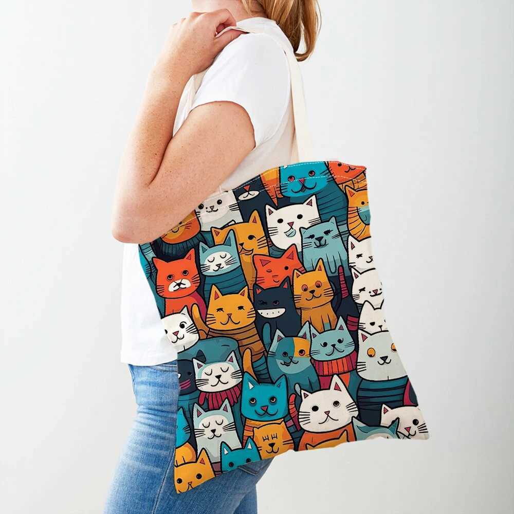 Fashion Cartoon Coffee Cat Womens Handbag Pet Animal Double Print Canvas Womens Shopping Bag Childrens Shoulder Handbag Z250224