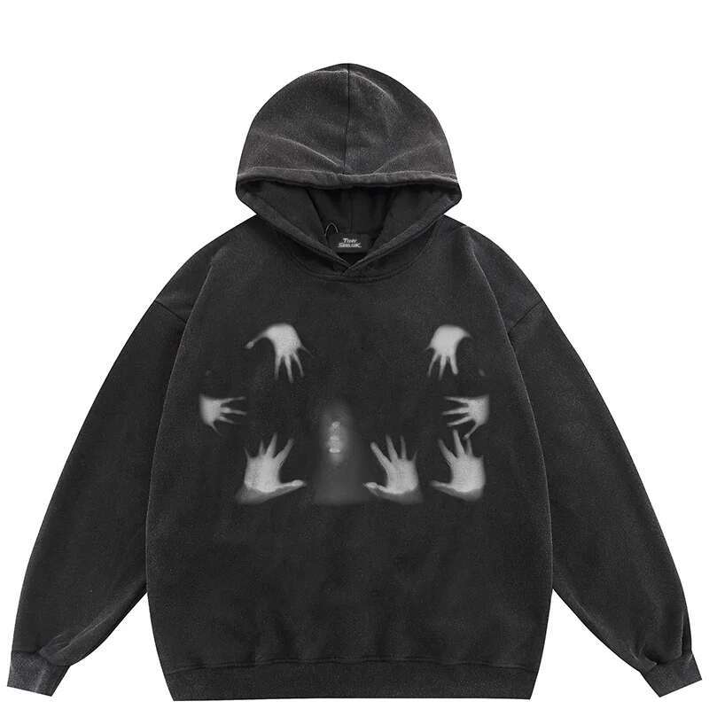2024 Oversize Hoodie Sweatshirt Women Men Streetwear Face Ghost Shadow Graphic Haruku Retro Washed Black Hooded Pullover Y2K