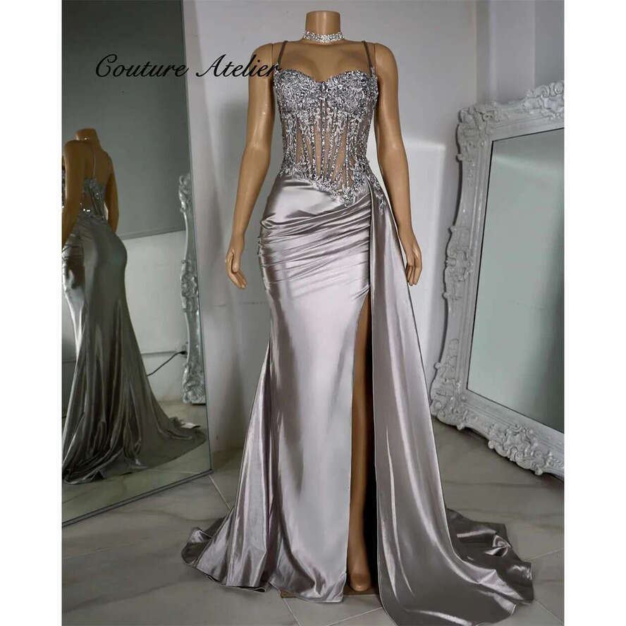 Sier Bbeaded Spaghetti High Split Prom Dresses For Black Girls Mermaid Elegant Dress Special Party Formal Gowns Satin Arabic