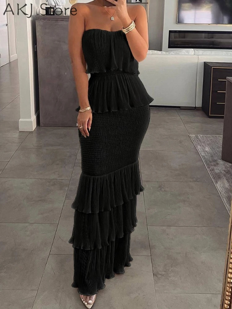 Women Fashion Bandeau Shirred Ruffle Hem Layered Dress 250225