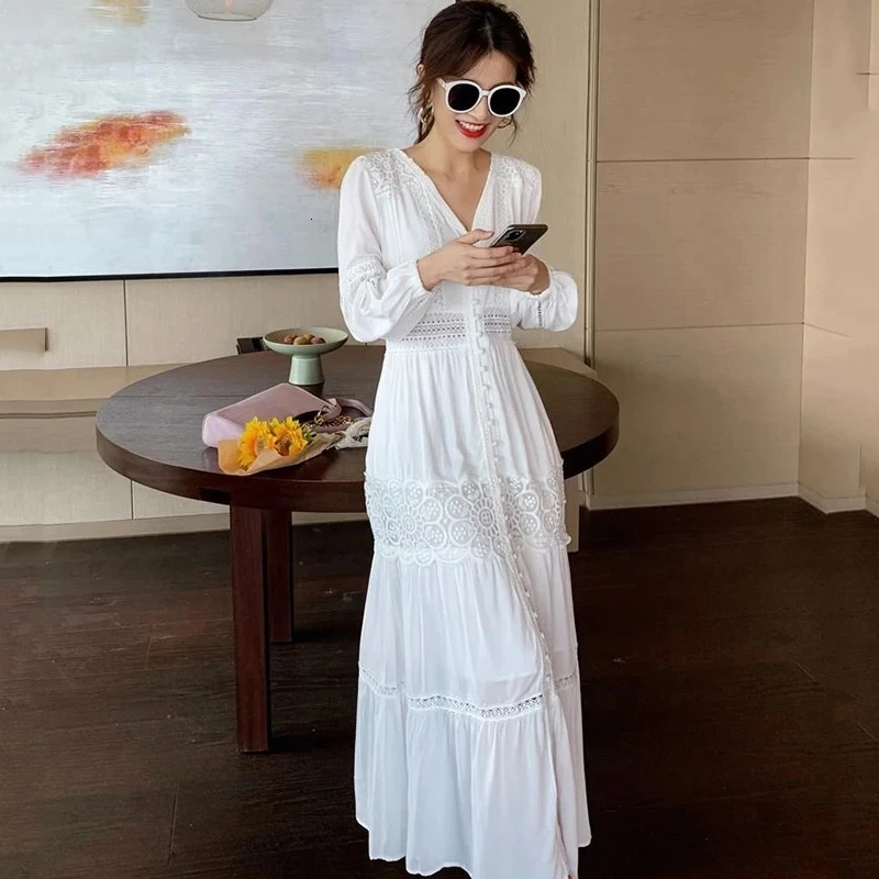 Womens Long White Dress V Neck Dark Lace Dresses Elegant Loose Boho Beach Summer Vintage Party Dresses lady Y2K 250222