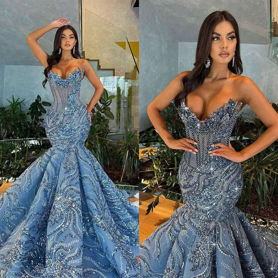 Crystal Sequined Beaded Mermaid Prom Dress Dia Strapless Formal Ocn Evening Dresses Custom Made 0717