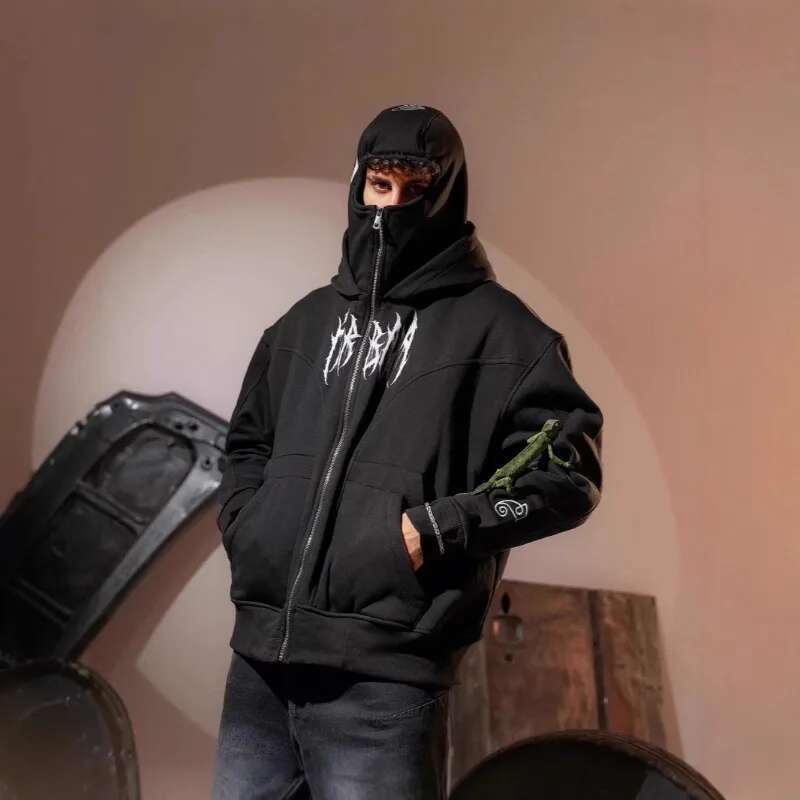 Double hood print hoodies clothing street fashion hip hop Vintage Zip up Hoodie loose casual sweatshirt men clothes tops