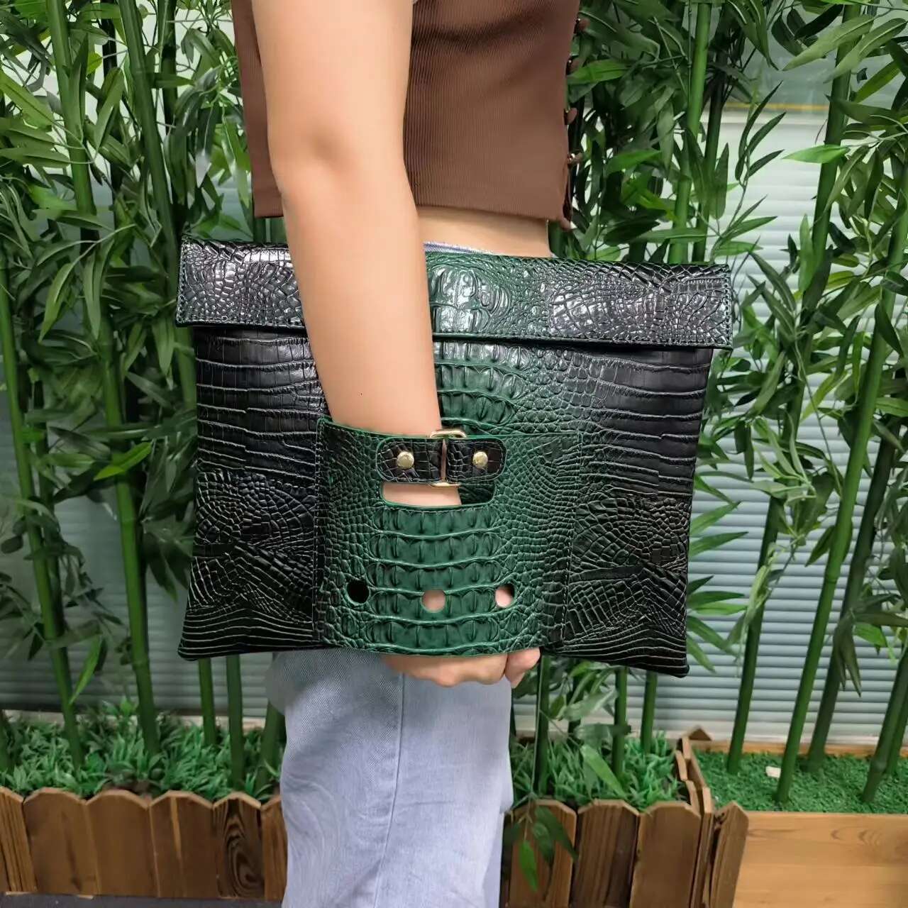 Large Crocodile Green File Folder A4 Document Fashion Women Laptop Pouch Business Briefcase Bag