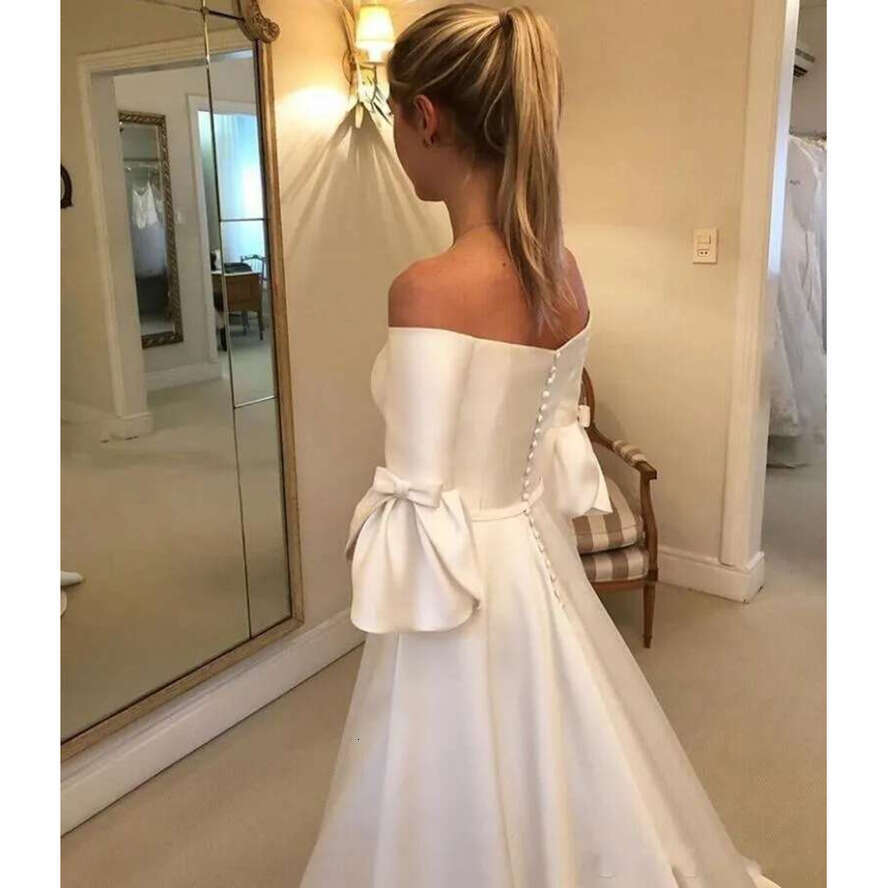 Simple Vintage A E Wedding Dresses Cheap Off Shoulder Satin Half Sleeves Plus Size Long Button Back Formal Bridal Gowns With Pocket