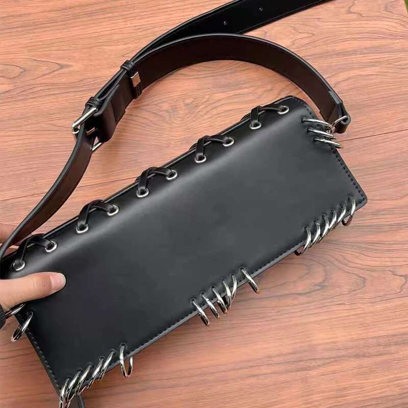 Moto & Biker Black Square Bags For Women Designer Handbags And Purse 2024 New In Long Style Round Ring Decorate Shoulder