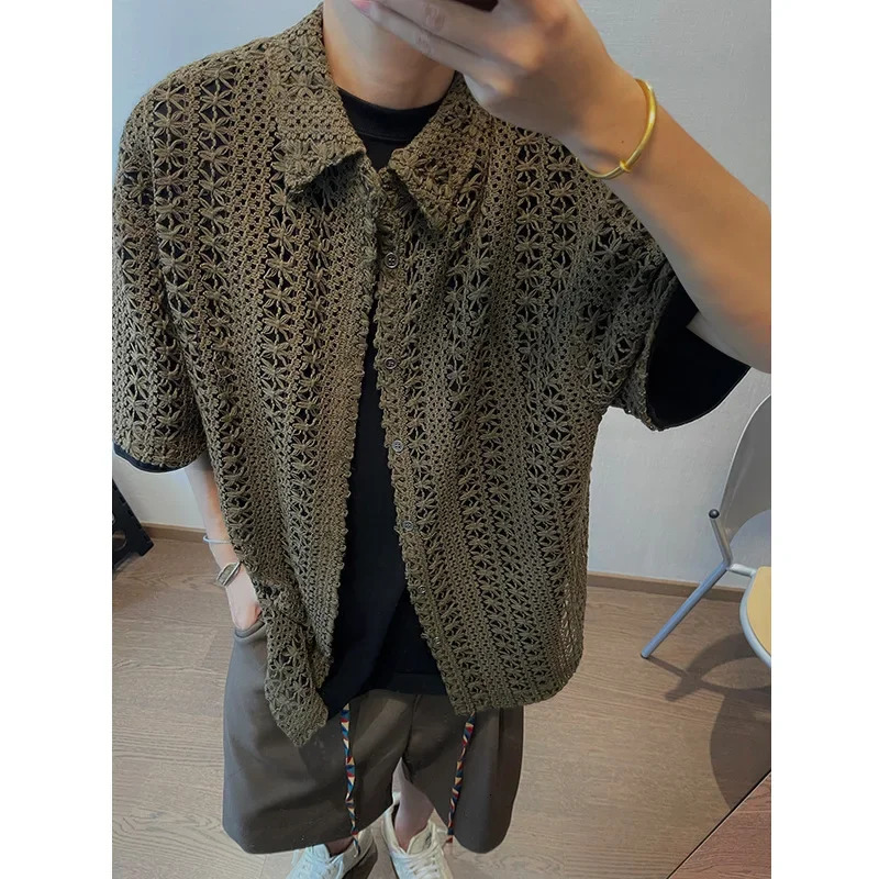 Dannyandzee Mens Loose-fit Vintage Distressed Green Hollow Breathable Short Sleeve Shirt Military Style Versatile Casual Wear 250222