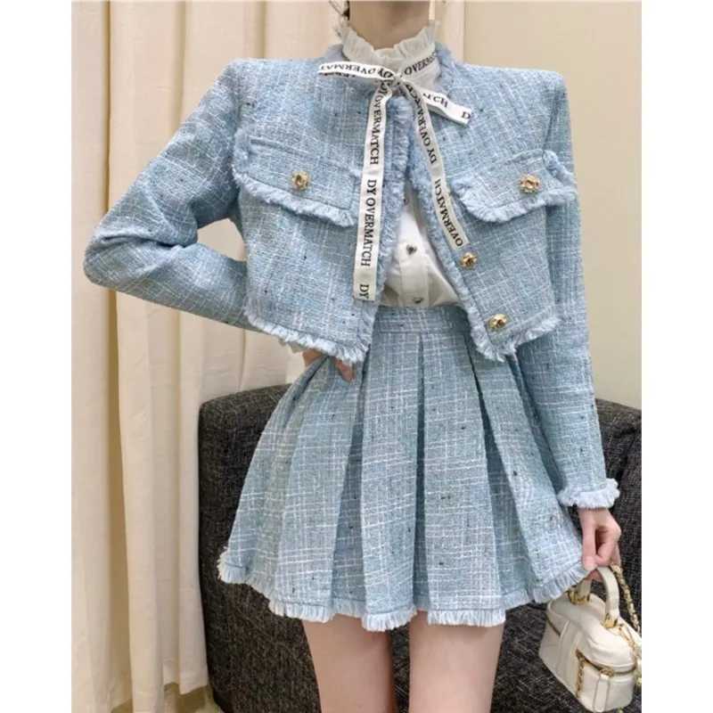 High Quality Tassel Design 2-Piece Sets Women Tweed Autumn New Solid Outfits Long Sleeve Short Jacket Coat + Pleated Skirt SuitsT250224