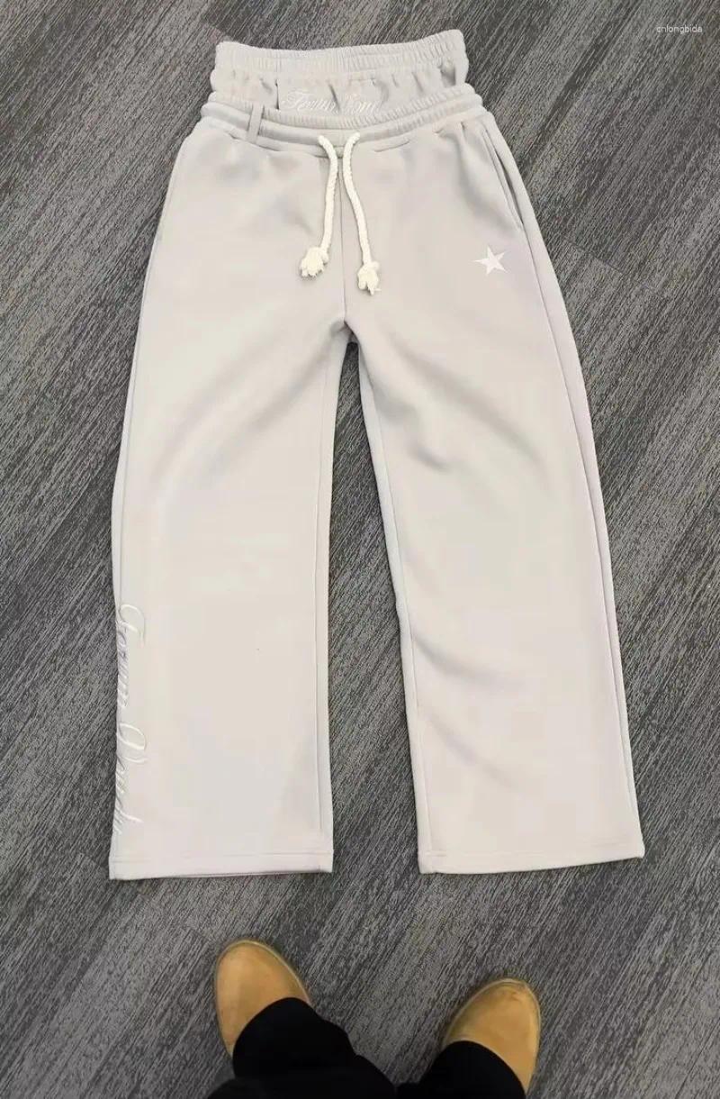 Mens Khaki Joggers Y2K Haruku Retro Baggy Pants - Double Waist Sports Street Hip Hop Embroidered Casual Drawstring Jogging Trousers