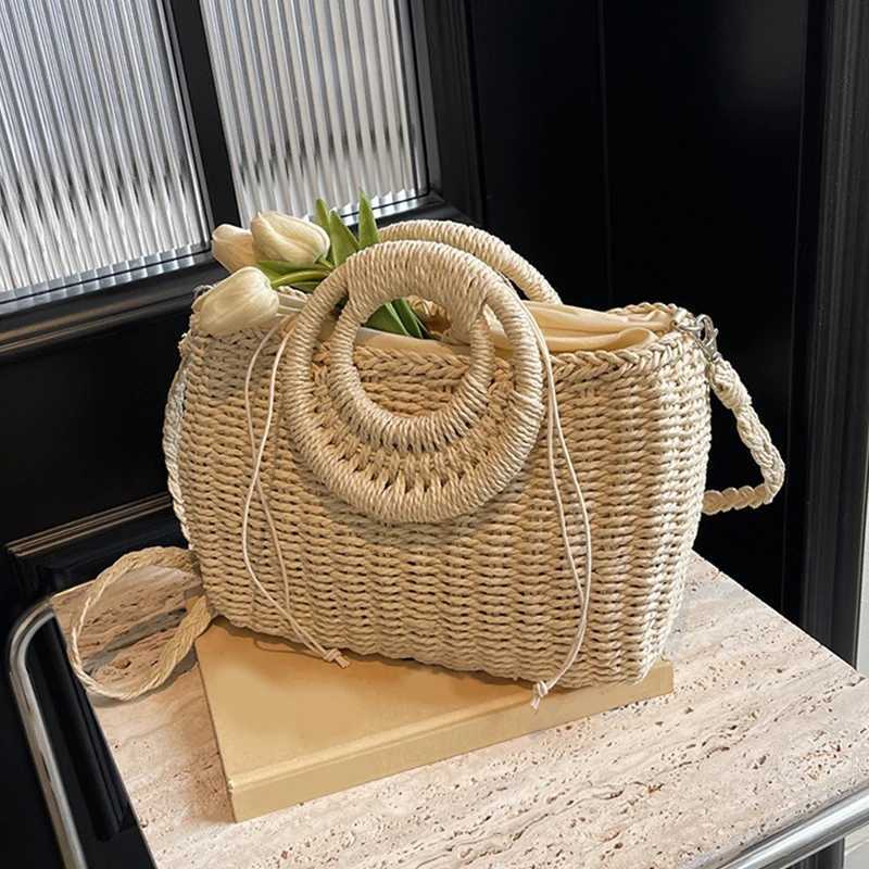 Ladies Round Handle Straw Tote Bags for Women 2024 Summer Hit Trendy Fashion Shoulder Side Bag Lady Beach Handbags