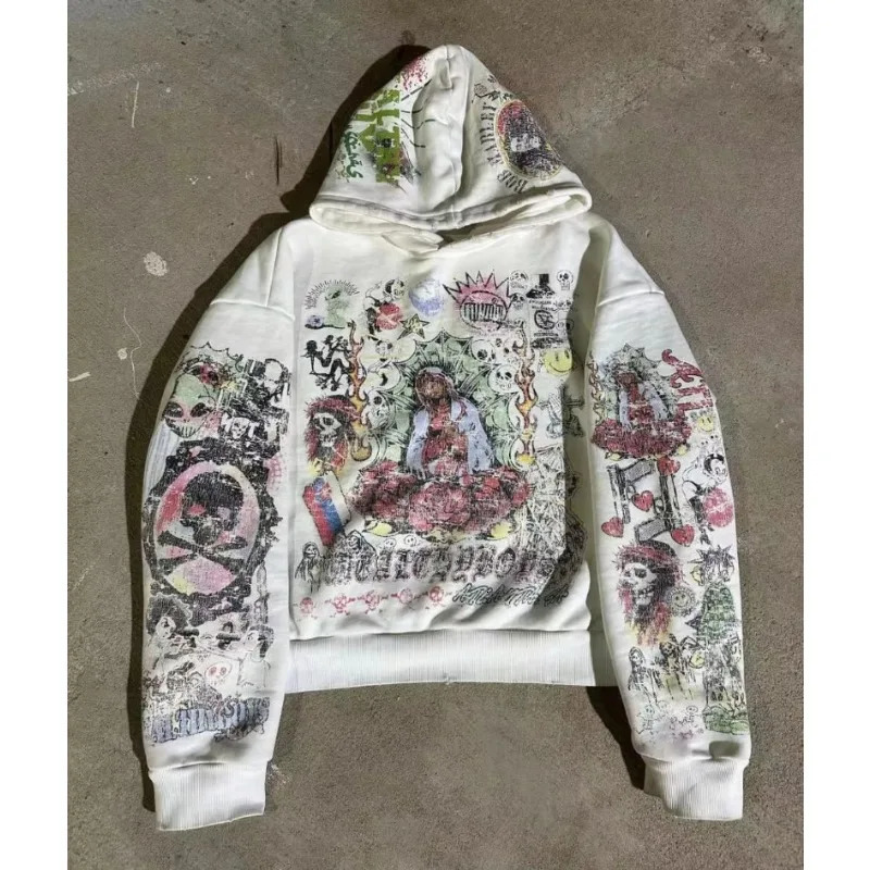 2024 American Loose Hoodie Big Head Cartoon Print Oversized Pullover Sweatshirt Women Men Couple Fashion Street Wear ins 250224