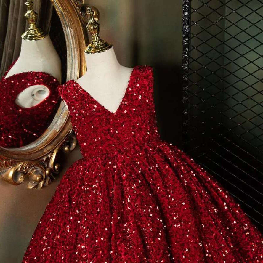 Sequins Dark Red Puffy Wer Girls Dresses For Wedding V Neck Sequined Lace Children Kids Party Communion Gowns High Low Length Ball Gown