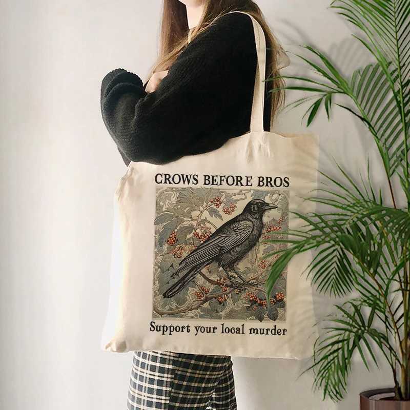 Funny Crows Before Bros Vintage Crow pattern Tote Bag Canvas Shoulder Bag For Travel Daily Commute Womens Reusable Shopping Bag Z250224