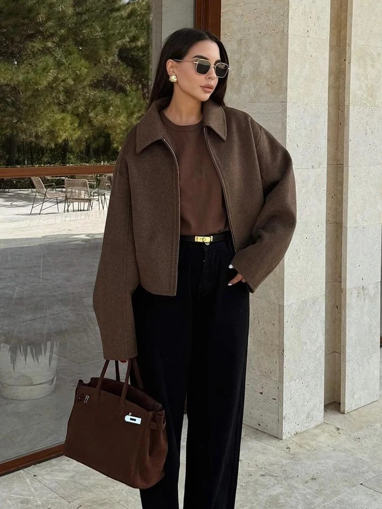 Fashion Brown Zipper Woolen Jacket For Women Elegant Lapel Long Sleeve Short Coats Female Vintage Autumn Lady Street Outerwear 250224