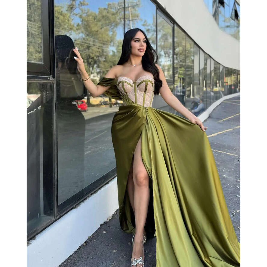 Olive Green Sheath Prom Dress Bone Bodice Beading Sweetheart Evening Dresses Satin Thing Split Backless Beauty Women Formal Gown