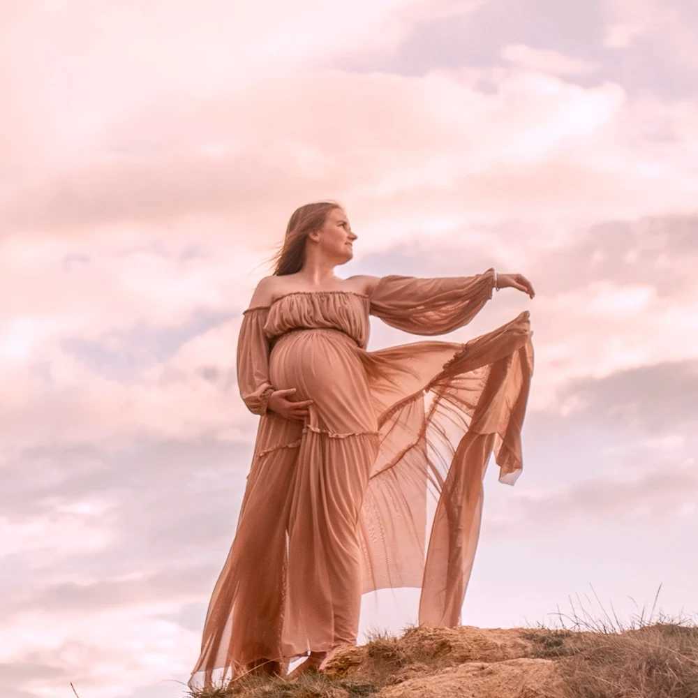 Maternity Dresses For Baby Showers Elegant Chiffon Long Sleeved Two-Piece Set Bohemian Photo Shooting Pregnancy Dress X250224