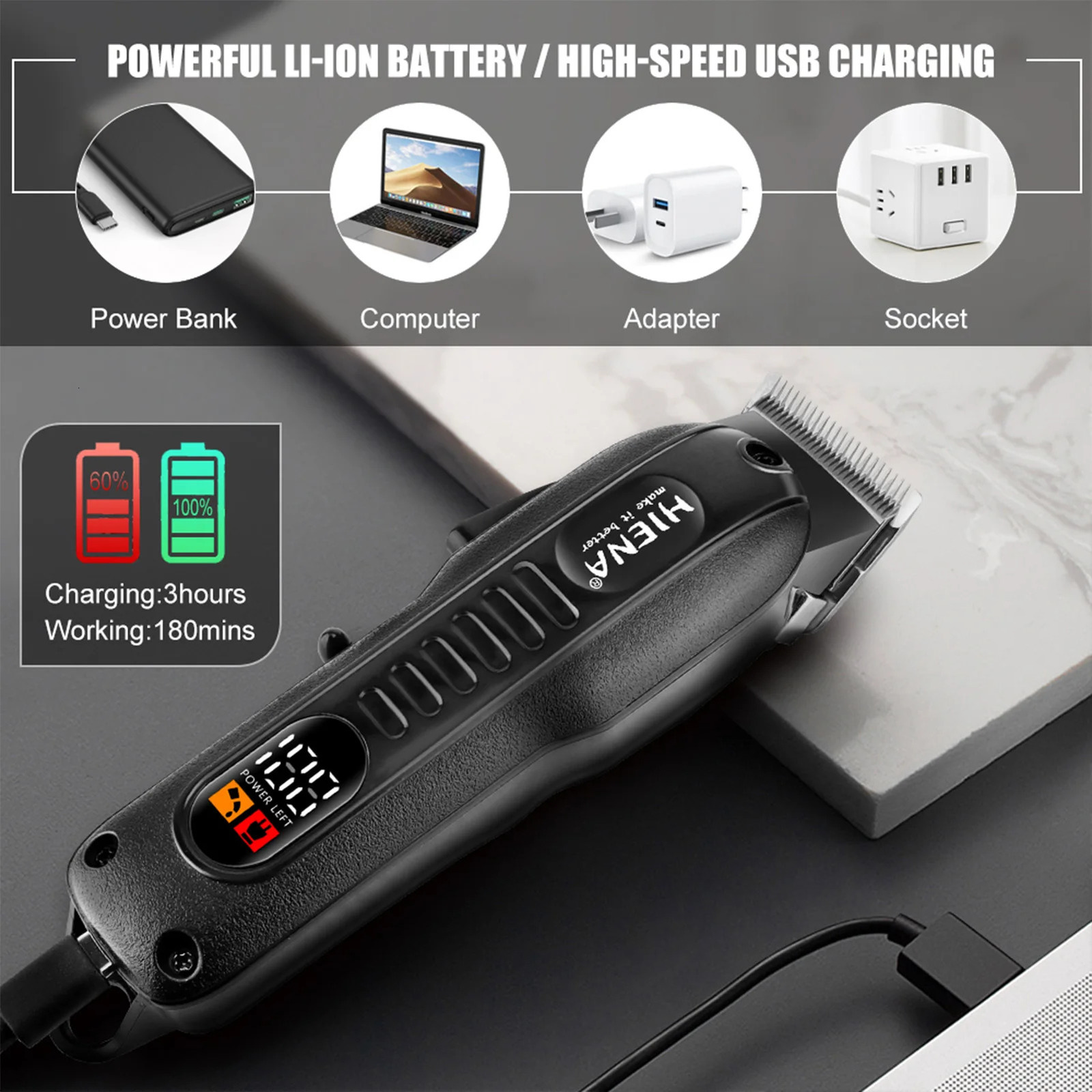 HIENA Hair Clippers 1200mah Powerful Battery Electric hair Trimmer Professional barber cutting machine Cordless clippers 250217