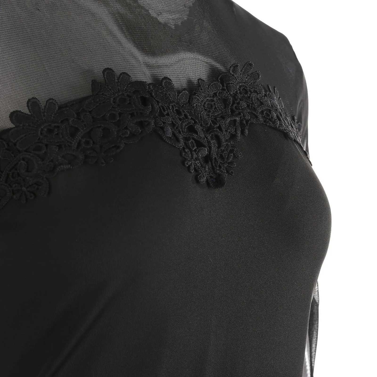 Womens Hip Dress Solid Color Lace Solid Collar Long Sve See Through Mesh Dress Cocktail Party Bar NightclubXJ250224