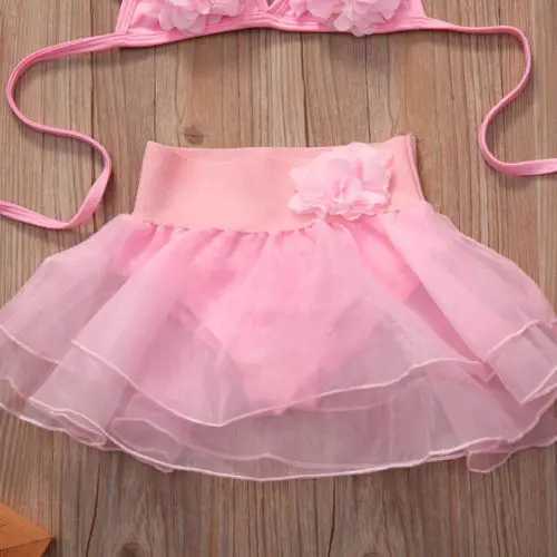 1-6 Years Little Girls Summer Pink Sweet Flower Swimsuit Halter Neck Floral Top + Tutu Bikini Swimsuit with Panties X250224